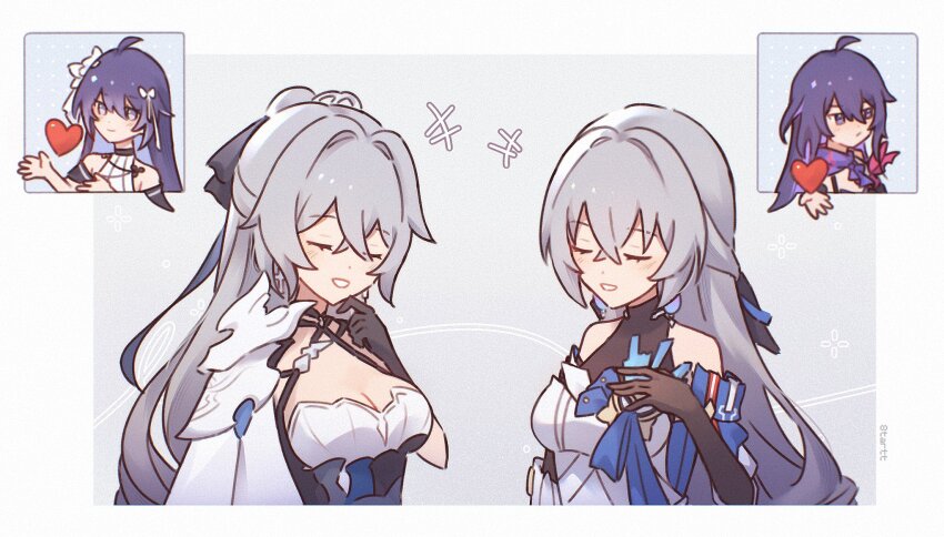 4girls, 8tartt, ahoge, bare_shoulders, black_gloves, breasts, bronya_rand, bronya_zaychik