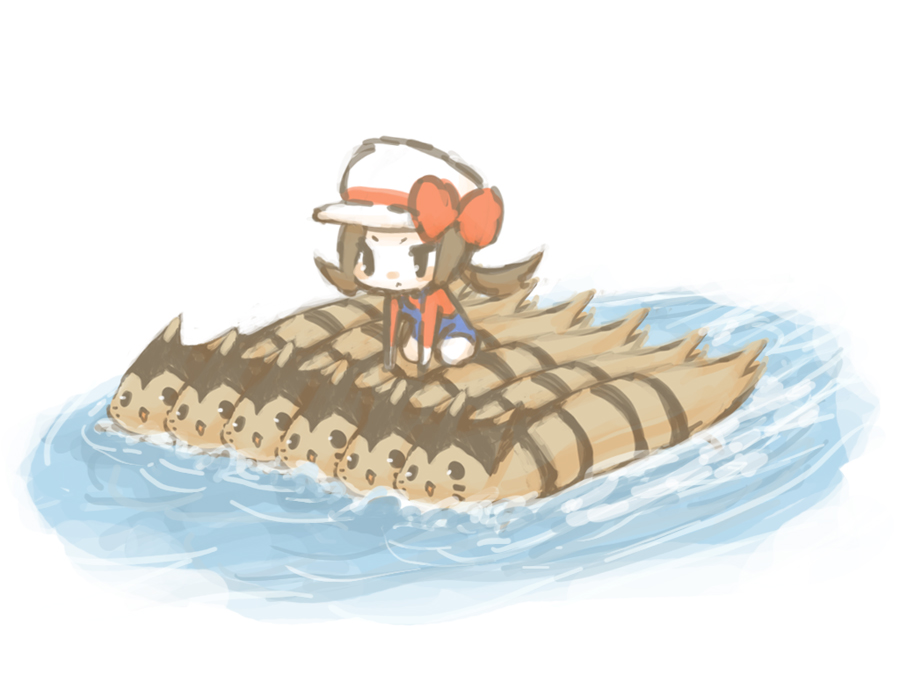 1girl, blue_pants, blush, brown_hair, chibi, furret, gen_2_pokemon, harvest_fes