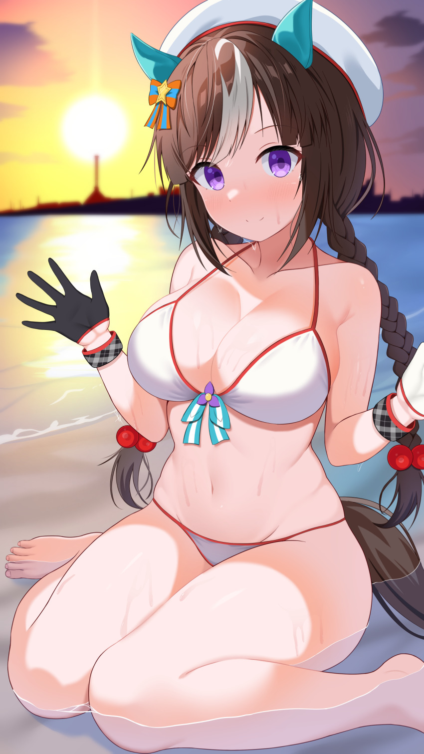 1girl, animal_ears, asymmetrical_gloves, beach, beret, bikini, braid, breasts, brown_hair, cloud, commentary_request, ear_covers, gloves, haskap, hat, highres, hokko_tarumae_(umamusume), horse_ears, horse_girl, horse_tail, kdhsheep, large_breasts, long_braid, long_hair, looking_at_viewer, mismatched_gloves, multicolored_hair, outdoors, purple_eyes, sitting, solo, streaked_hair, sunset, swept_bangs, swimsuit, tail, twin_braids, umamusume, wariza, wet, white_bikini, white_hat