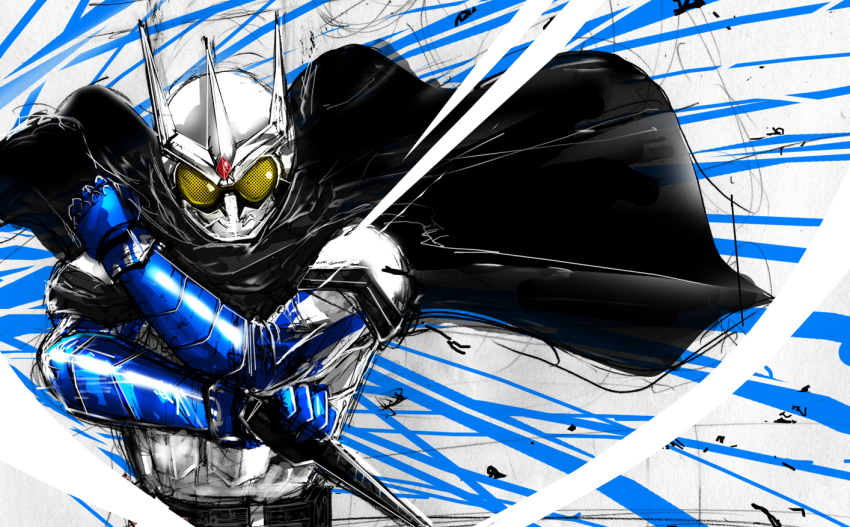 1boy, bad_id, bad_pixiv_id, cape, crossed_arms, gauntlets, helmet, kamen_rider