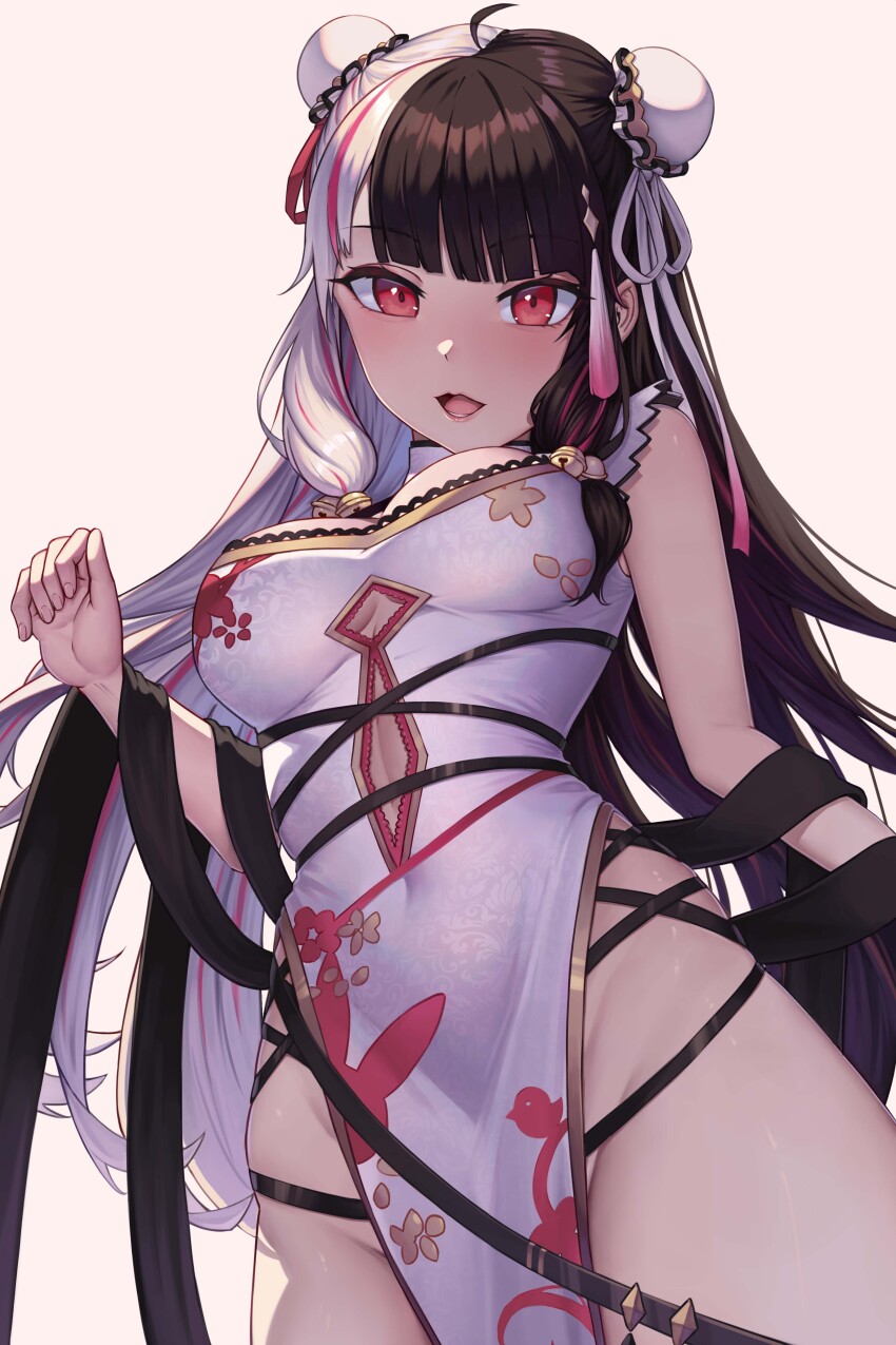 1girl, absurdres, ahaha_kun, ahoge, animal_print, bell, black_hair, blush