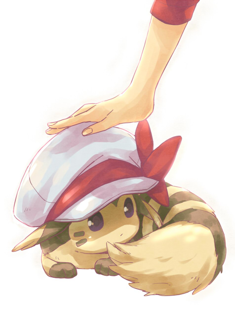 1girl, brown_fur, fluffy, furret, gen_2_pokemon, headpat, lyra_(pokemon), nintendo, pokemon, pokemon_(creature), pokemon_heartgold_and_soulsilver, red_ribbon, red_shirt, ribbon, sagano_(saga_no), shirt, sitting, striped_fur, white_headwear
