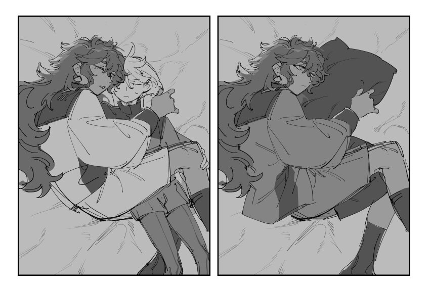 2girls, absurdres, ahoge, annoyed, asticassia_school_uniform, body_pillow, commentary, couple