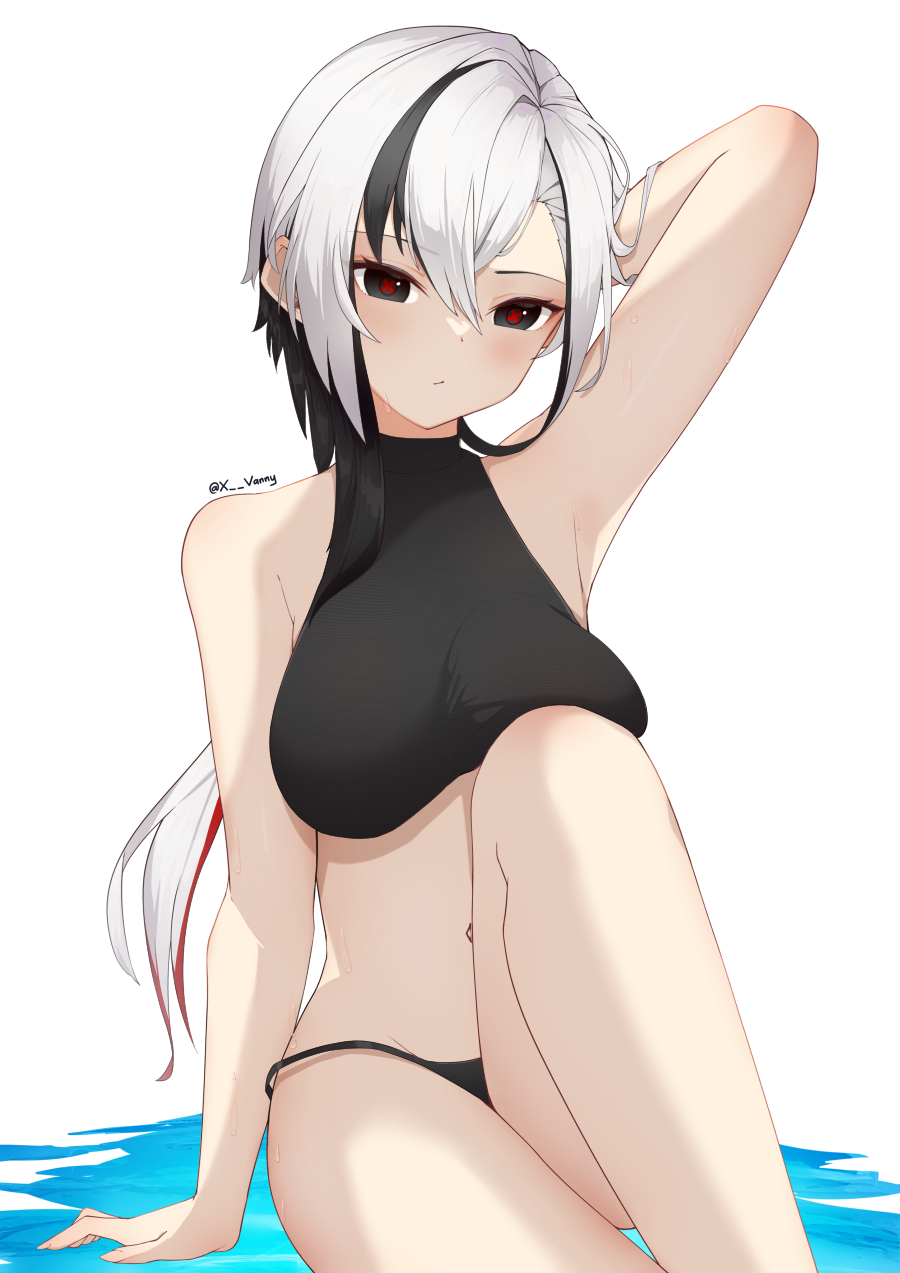 1girl, arlecchino_(genshin_impact), arm_support, arm_up, armpits, bare_arms, bare_legs, bare_shoulders