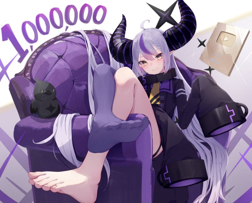 1girl, ahoge, ascot, barefoot, blush, braid, braided_bangs, closed_mouth