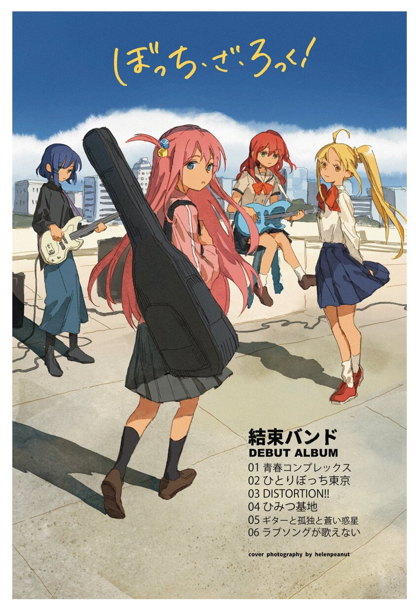 4girls, black_footwear, black_shirt, black_skirt, black_socks, blonde_hair, blue_eyes, blue_hair