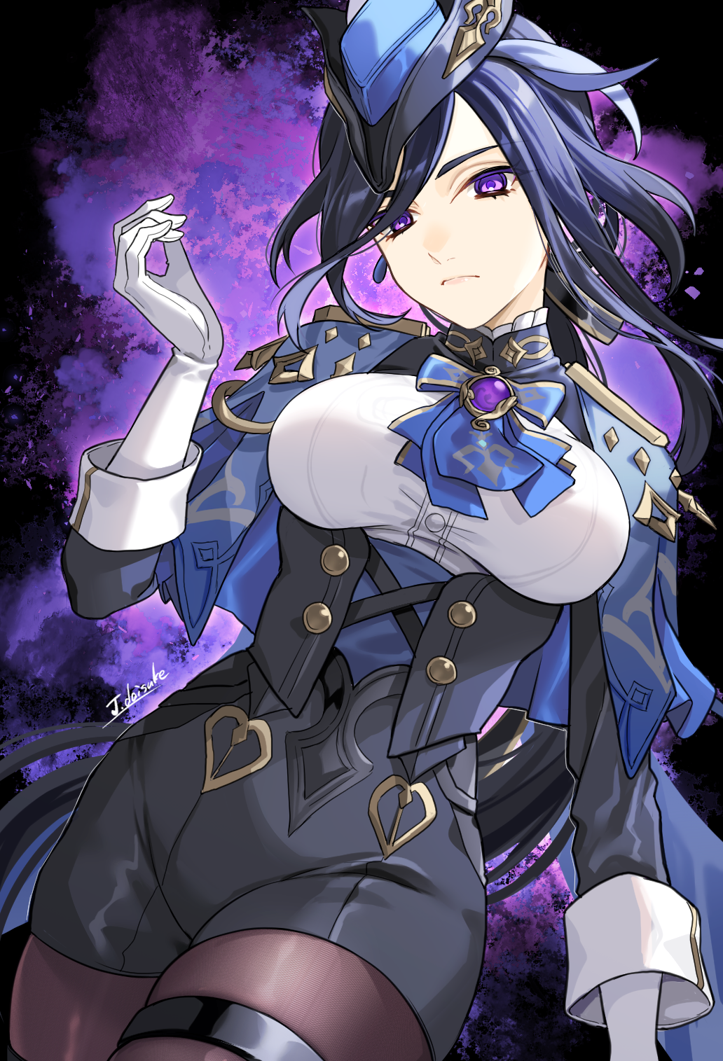 1girl, blue_hair, breasts, clorinde_(genshin_impact), dress, feathers, frilled_sleeves, frills, genshin_impact, gloves, hat, hat_feather, highres, large_breasts, pantyhose, purple_eyes, signature, simple_background, solo, tatsuma_daisuke, thigh_strap, uniform, vision_(genshin_impact), white_background, white_gloves