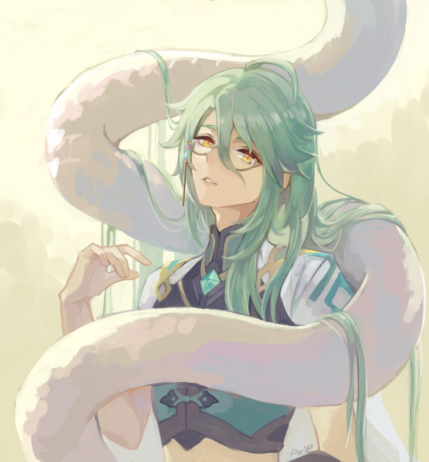 1boy, absurdres, ahoge, animal, arie_game, baizhu_(genshin_impact), cape, changsheng_(genshin_impact)