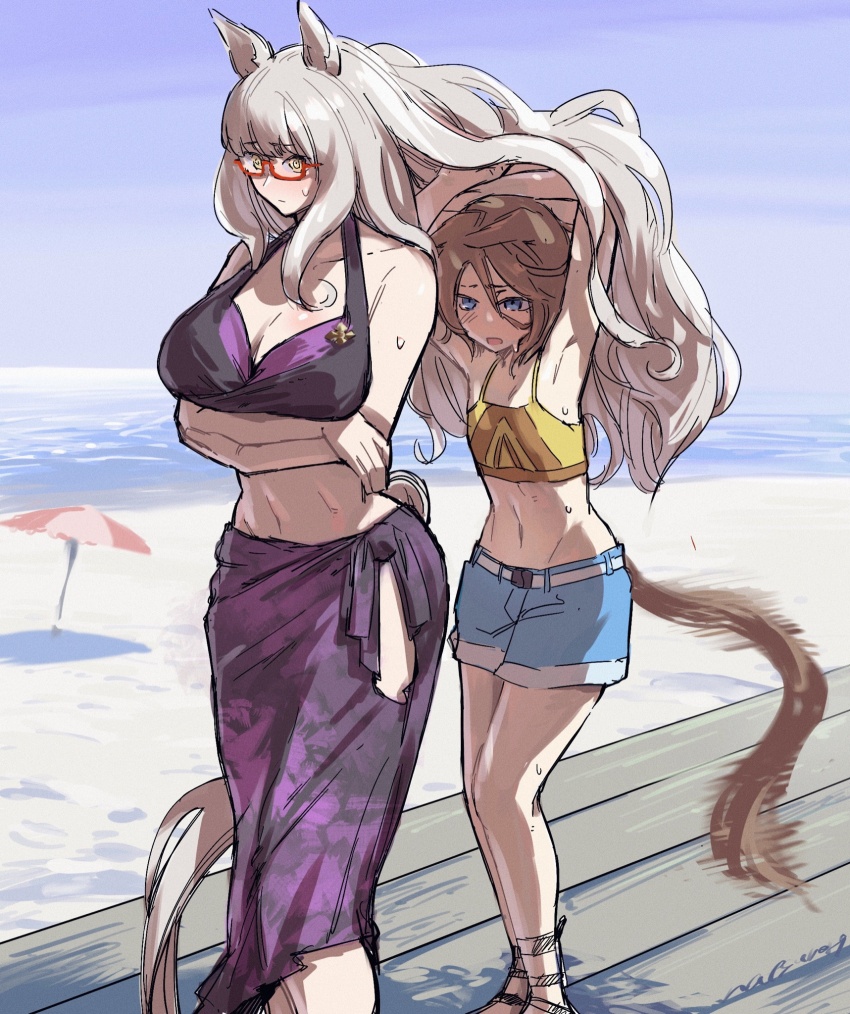 animal_ears, beach, bikini, biwa_hayahide_(umamusume), brown_hair, denim, denim_shorts, glasses, highres, horse_ears, horse_girl, horse_tail, long_hair, midriff, narita_taishin_(umamusume), natsunori, navel, red-framed_eyewear, shorts, sweat, swimsuit, tail, tank_top, umamusume, very_long_hair, white_hair, yellow_tank_top