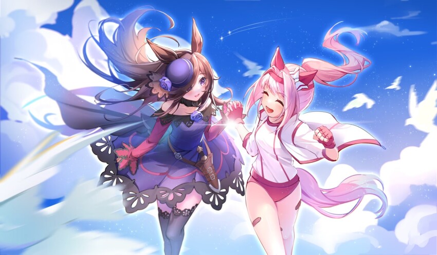 2girls, :d, ^_^, animal_ears, beiqi_coconut, black_thighhighs, blue_dress, blue_flower