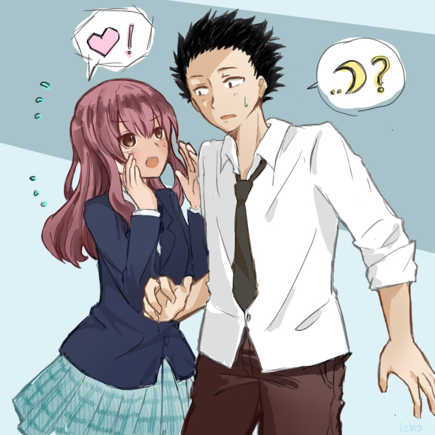 !, 1boy, 1girl, ?, black_eyes, black_hair, black_necktie, blue_background, blue_bow, blue_bowtie, blue_jacket, blue_skirt, bow, bowtie, brown_eyes, brown_hair, brown_pants, collared_shirt, commentary, english_commentary, flying_sweatdrops, heart, highres, ishida_shouya, izha_(seisfleur), jacket, koe_no_katachi, long_hair, long_sleeves, mixed-language_commentary, moon, necktie, nishimiya_shouko, open_mouth, pants, plaid_clothes, plaid_skirt, shirt, short_hair, skirt, spiked_hair, spoken_heart, two-tone_background, white_shirt