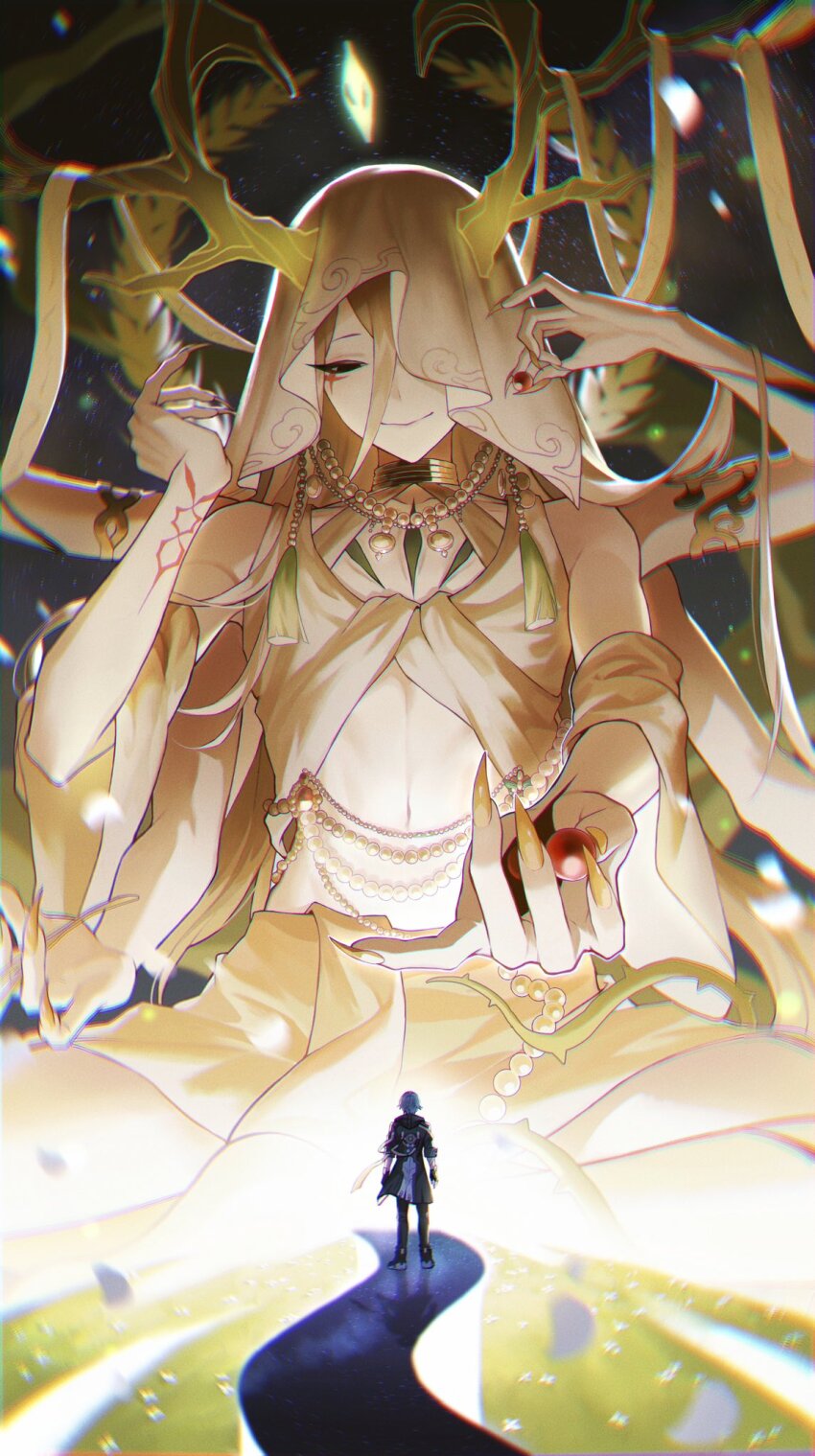 1boy, 1other, amedan, androgynous, antlers, armlet, black_coat, black_eyes