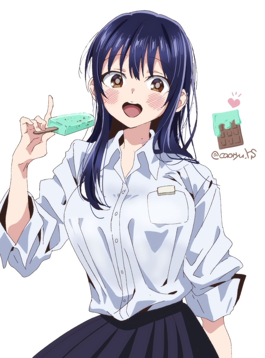 1girl, blue_hair, blue_skirt, blush, boku_no_kokoro_no_yabai_yatsu, breasts, brown_eyes, candy, chocolate, chocolate_bar, dark_blue_hair, food, highres, holding, holding_food, kaoryu-kun, large_breasts, long_hair, looking_at_viewer, mint_chocolate, mole, mole_on_neck, open_mouth, pleated_skirt, popsicle, shirt, simple_background, skirt, solo, tented_shirt, twitter_username, white_background, white_shirt, yamada_anna