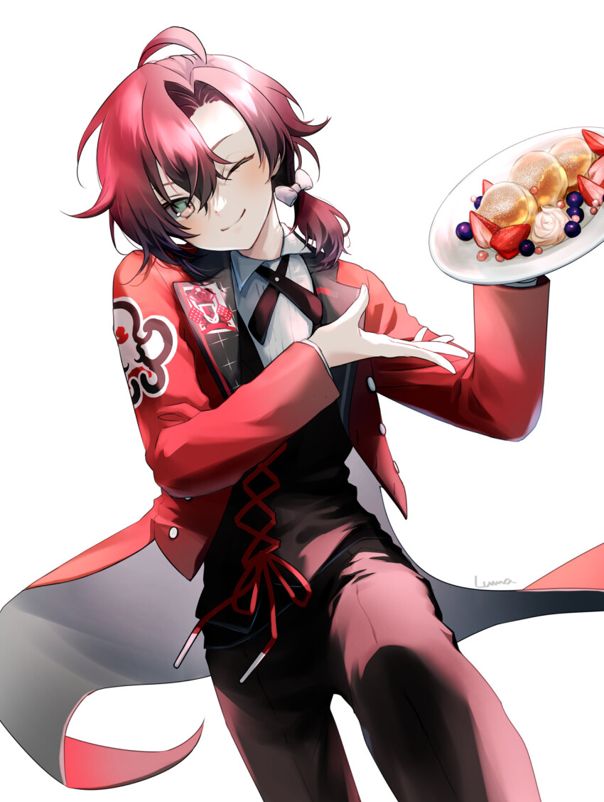 1boy, ;), alternate_costume, belt, black_belt, black_vest, blueberry, bow