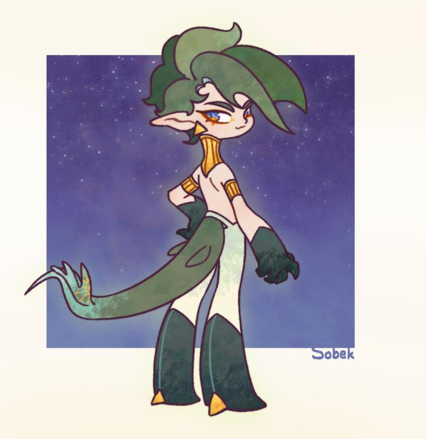 1boy, :3, armlet, bare_back, blue_eyes, border, character_name, crocodilian_tail