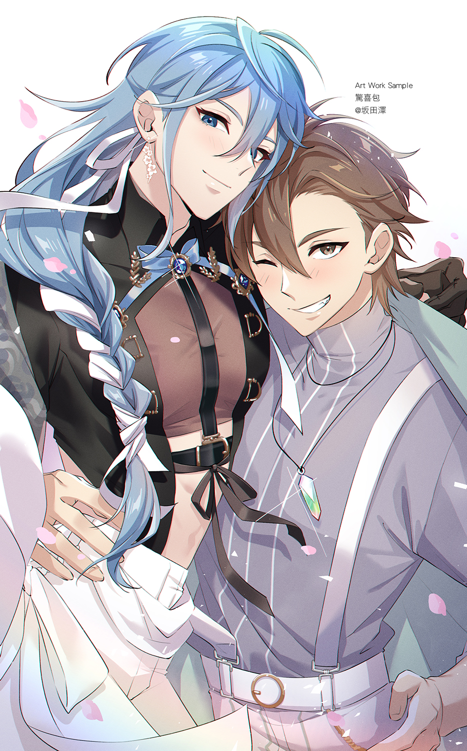 2boys, bishounen, black_gloves, blue_eyes, blue_gem, blue_hair, blush, braid