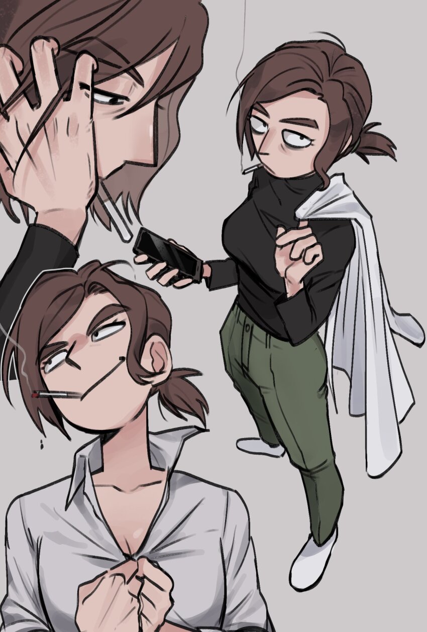 1girl, bags_under_eyes, breasts, brown_hair, cellphone, cigarette, full_body, green_pants, highres, holding, holding_phone, inside_job, lab_coat, large_breasts, long_hair, long_sleeves, looking_at_viewer, low_ponytail, pants, phone, pita_randm, pointy_nose, ponytail, reagan_ridley, shirt, simple_background, smartphone, smile, smoke, smoking, white_shirt