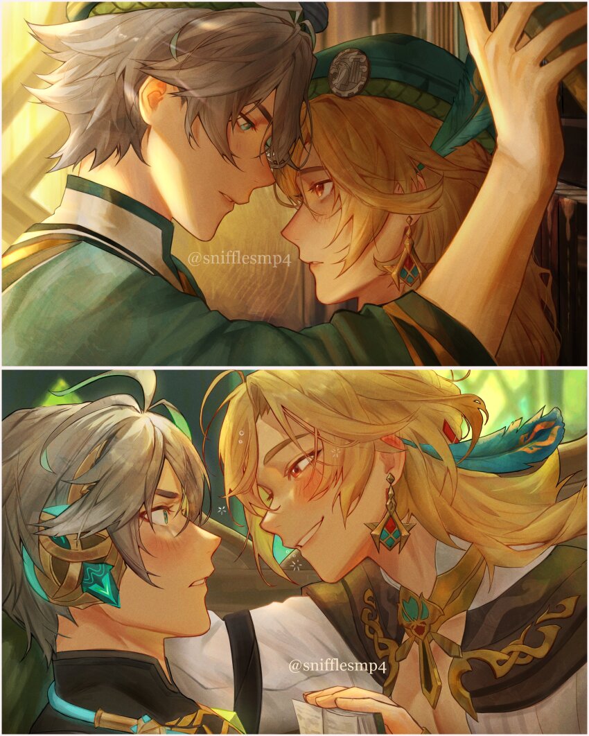 2boys, absurdres, akademiya_uniform, akasha_terminal, alhaitham_(genshin_impact), androgynous, arabian_clothes, blonde_hair