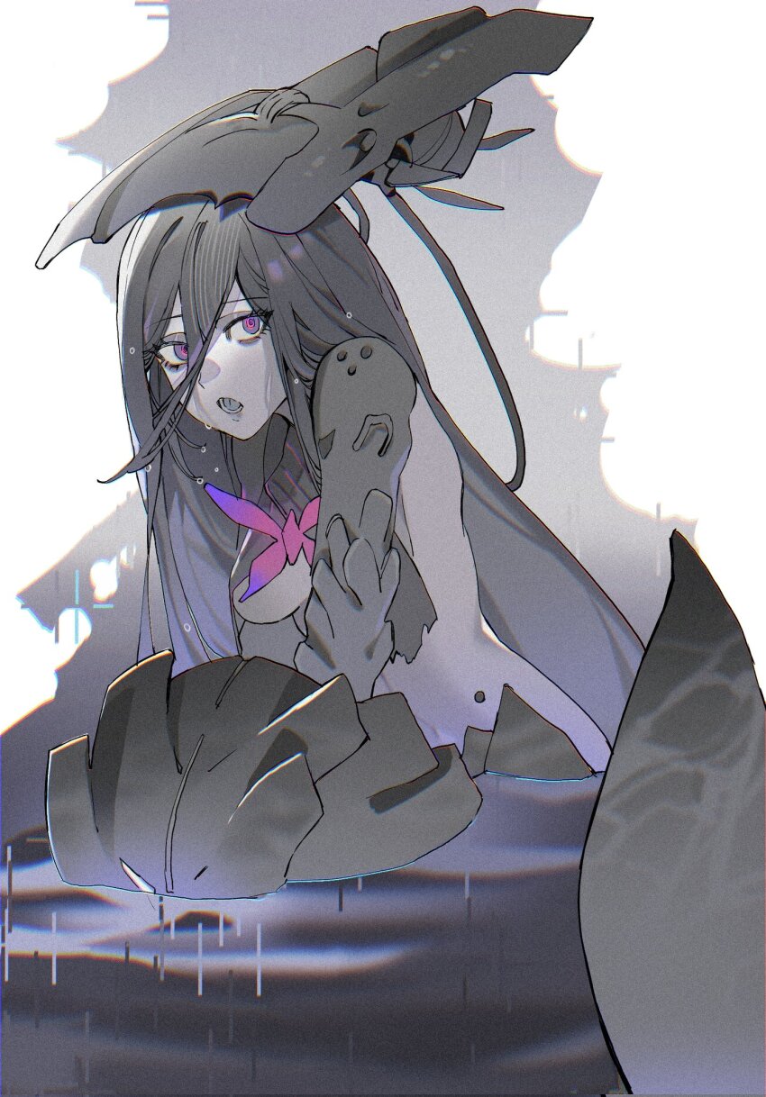 1girl, bags_under_eyes, black_hair, breast_curtains, corrupted_twitter_file, hair_between_eyes, highres, lamia_(npc)_(pgr), lamia_(pgr), long_hair, mechanical_arms, mechanical_tail, mermaid, monster_girl, multicolored_eyes, open_mouth, partially_submerged, punishing:_gray_raven, purple_eyes, ringed_eyes, solid_circle_pupils, tail, tongue, two-tone_eyes, very_long_hair, wet, yongsadragon
