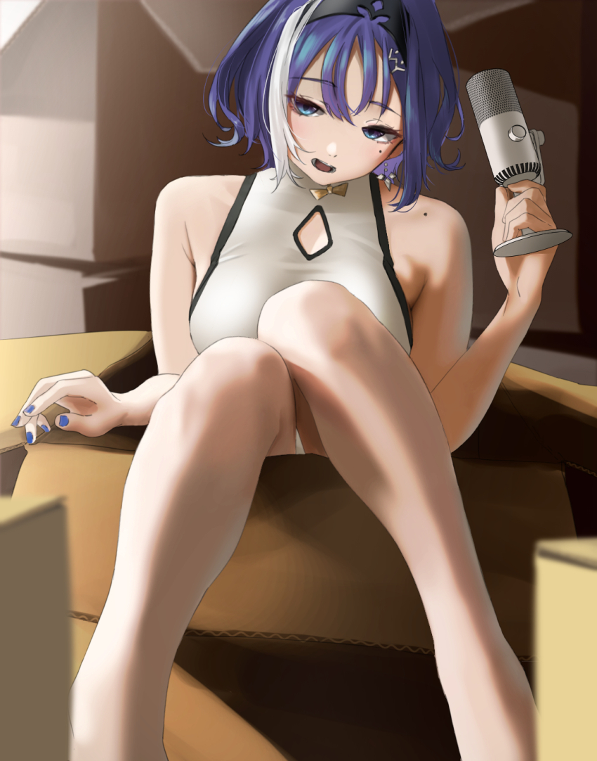 .live, 1girl, bare_shoulders, blue_eyes, blue_hair, blue_nails, box, breasts, dress, hair_between_eyes, hair_ornament, hairclip, highres, holding, holding_microphone, in_box, in_container, izayoi_chihaya, jewelry, looking_at_viewer, medium_breasts, microphone, mole, mole_on_shoulder, mole_under_eye, multicolored_eyes, open_mouth, short_hair, sitting, solo, tama_(tamago), two-tone_eyes, virtual_youtuber, white_hair