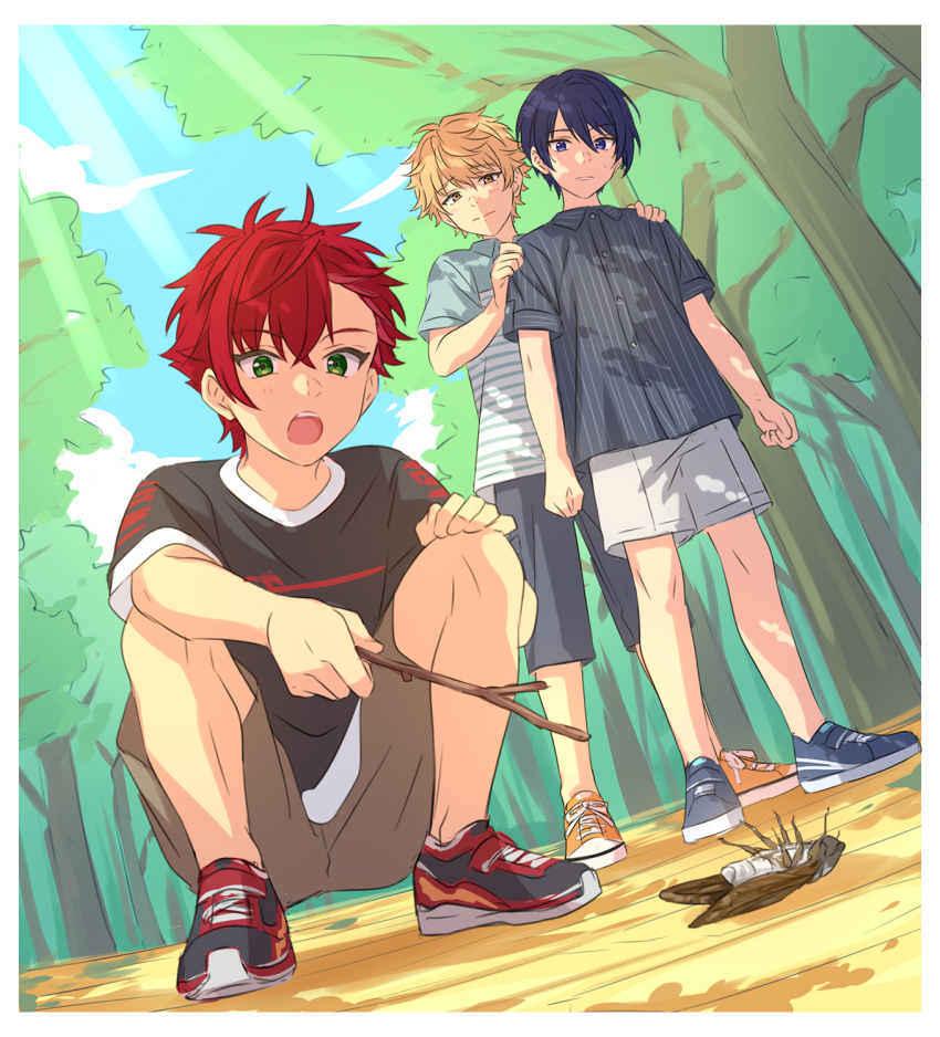 3boys, aged_down, blonde_hair, blue_eyes, blue_hair, border, bug, buttons