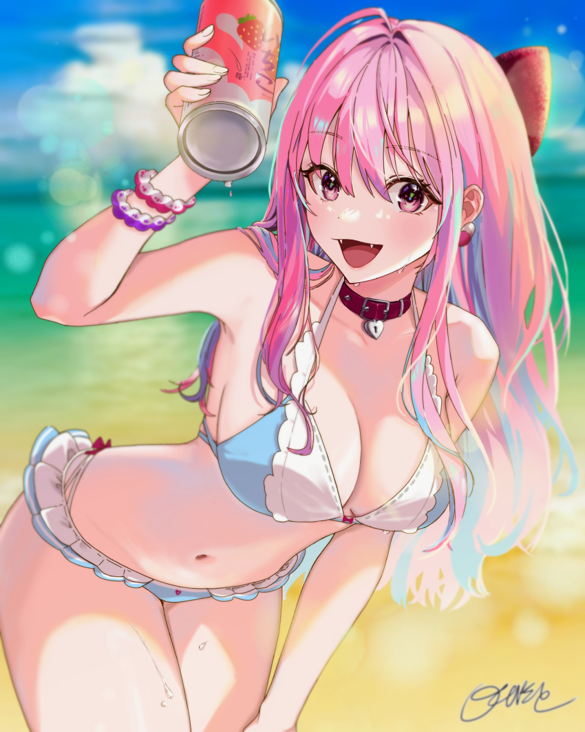 1girl, absurdres, ahoge, alternate_hair_length, alternate_hairstyle, aqua_hair, bare_shoulders, beach