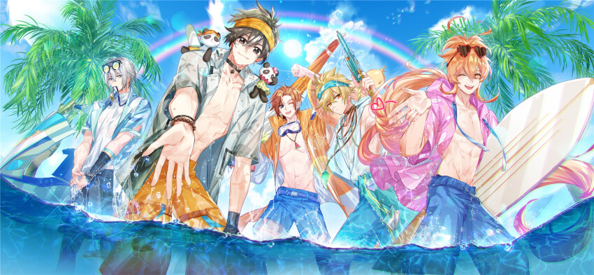 5boys, ;d, abs, animal, animal_on_shoulder, antenna_hair, aqua_male_swimwear, aqua_swim_trunks, arm_up, bead_bracelet, beads, beckoning, belt, black_choker, black_eyes, black_hair, blonde_hair, blue_belt, blue_headband, blue_jacket, blue_male_swimwear, blue_swim_trunks, bracelet, caustics, choker, closed_mouth, closed_umbrella, clothes_around_waist, cloud, colored_tips, cowboy_shot, day, dezhou_chicken_(the_tale_of_food), dr.k, drawstring, duck_innertube, eyewear_on_head, fuli_chicken_(the_tale_of_food), geely_shrimp_(the_tale_of_food), goggles, goggles_around_neck, goggles_on_head, grey_eyes, grey_hair, grey_shirt, hair_between_eyes, headband, heart, heart-shaped_eyewear, heart-shaped_pupils, heart_antenna_hair, highres, holding, holding_surfboard, holding_swim_ring, holding_water_gun, hood, hood_down, hooded_jacket, hooded_shirt, innertube, jacket, jacket_around_waist, jet_ski, jewelry, legskin, long_hair, low_ponytail, male_focus, male_swimwear, mouth_hold, multicolored_hair, multiple_boys, one_eye_closed, open_clothes, open_jacket, open_mouth, open_shirt, orange_eyes, orange_hair, orange_headband, orange_jacket, orange_male_swimwear, orange_swim_trunks, palm_tree, panda, parasol, parted_bangs, partially_underwater_shot, peking_duck_(the_tale_of_food), pendant, pink_hair, pink_jacket, ponytail, rainbow, shirt, sichuan_hotpot_(the_tale_of_food), sleeveless, sleeveless_shirt, smile, squeezing, standing, sun, sunglasses, sunlight, surfboard, swim_ring, swim_trunks, swimsuit, symbol-shaped_pupils, teeth, the_tale_of_food, tree, turtleneck, umbrella, upper_teeth_only, wading, water, water_gun, watercraft, wet, wet_clothes, white_shirt