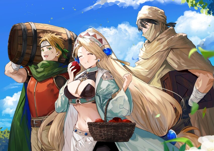 1girl, 2boys, apple, atelier_(series), atelier_marie, bandaged_arm, bandages, barrel, basket, belt, black_bra, black_gloves, blonde_hair, blue_sky, border0715, box, bra, breasts, brown_belt, cleavage, closed_eyes, cloud, coat, covered_mouth, day, eating, elbow_carry, food, fruit, gloves, green_coat, green_scarf, hair_ornament, headband, headscarf, holding, holding_barrel, holding_basket, holding_box, holding_food, holding_fruit, large_breasts, loincloth, long_hair, low-tied_long_hair, marlone, midriff, multiple_boys, muscular, muscular_male, official_art, open_clothes, open_mouth, outdoors, pants, red_shirt, ruven_filnir, scarf, schwalbe_satz, second-party_source, shirt, sky, smile, sphere_hair_ornament, standing, underwear, very_long_hair, white_pants