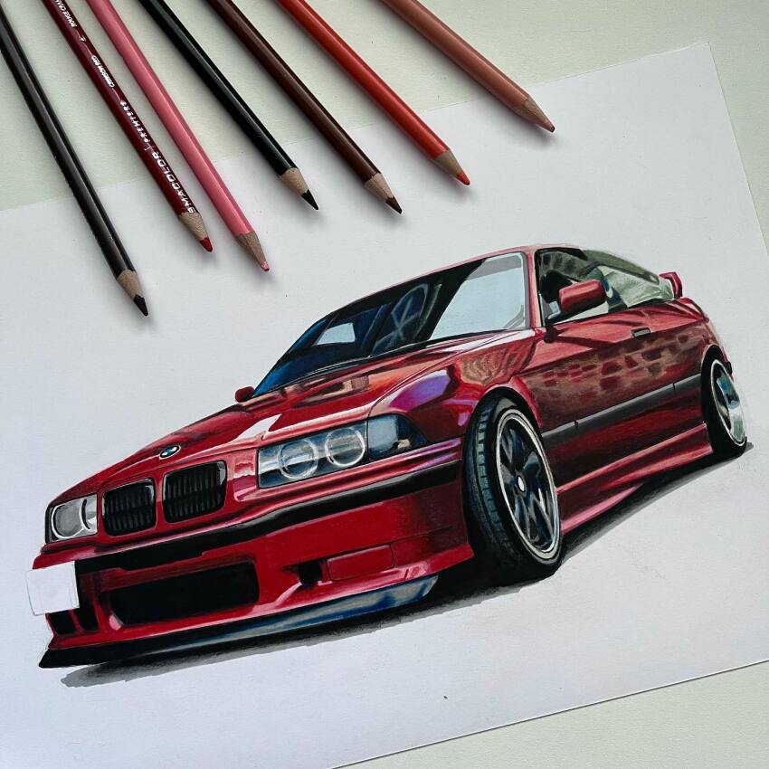 art_tools_in_frame, bmw, bmw_3_series, bmw_e36, bmw_m3, car, colored_pencil_(medium), commentary