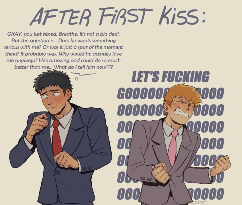 2boys, absurdres, after_first_kiss_(meme), black_hair, black_jacket, blush, clenched_hands, clenched_teeth