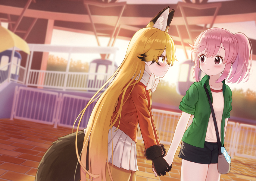 2girls, animal_ears, asama_fumi, black_shorts, blush, bow, bowtie, brown_fur