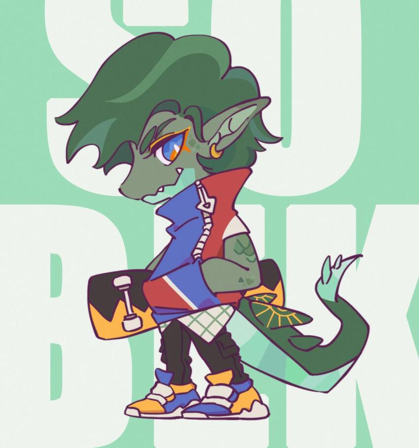 1boy, black_pants, blue_eyes, blue_jacket, character_name, colored_skin, crocodile_boy, crocodilian_tail
