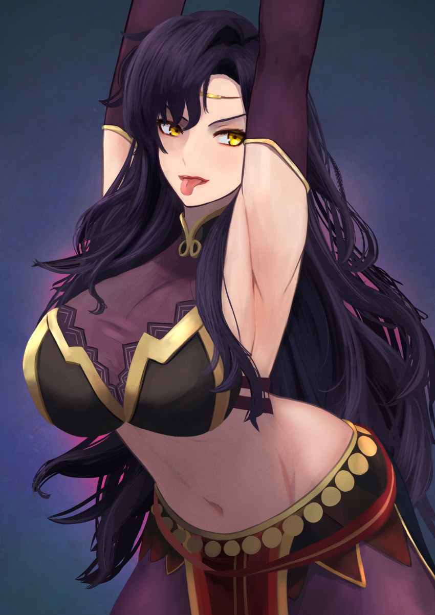 1girl, absurdres, alternate_costume, armpits, belt, black_bra, black_hair, bra, breasts, circlet, cleavage, commission, commissioner_upload, cosplay, cowboy_shot, curvy, eyeshadow, fire_emblem, fire_emblem:_the_blazing_blade, fire_emblem_echoes:_shadows_of_valentia, gloves, gold_trim, highres, jewelry, labebebe_lee, large_breasts, leaning_forward, lips, lipstick, long_hair, looking_at_viewer, makeup, mature_female, midriff, narrow_waist, nintendo, non-web_source, pelvic_curtain, solo, sonia_(fire_emblem:_the_blazing_blade), sonya_(fire_emblem_gaiden), sonya_(fire_emblem_gaiden)_(cosplay), sonya_(resplendent)_(fire_emblem_gaiden), thighs, tongue, tongue_out, underwear, yellow_eyes