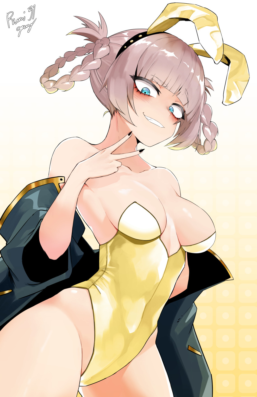 1girl, absurdres, alternate_costume, animal_ears, bare_shoulders, blue_eyes, blush, braid