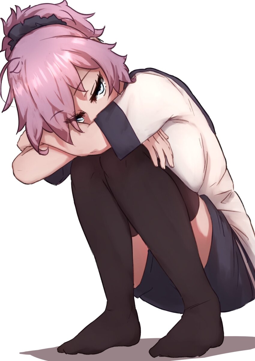 1girl, aoba_(kancolle), black_sailor_collar, black_scrunchie, black_shorts, black_thighhighs, crossed_arms, green_eyes