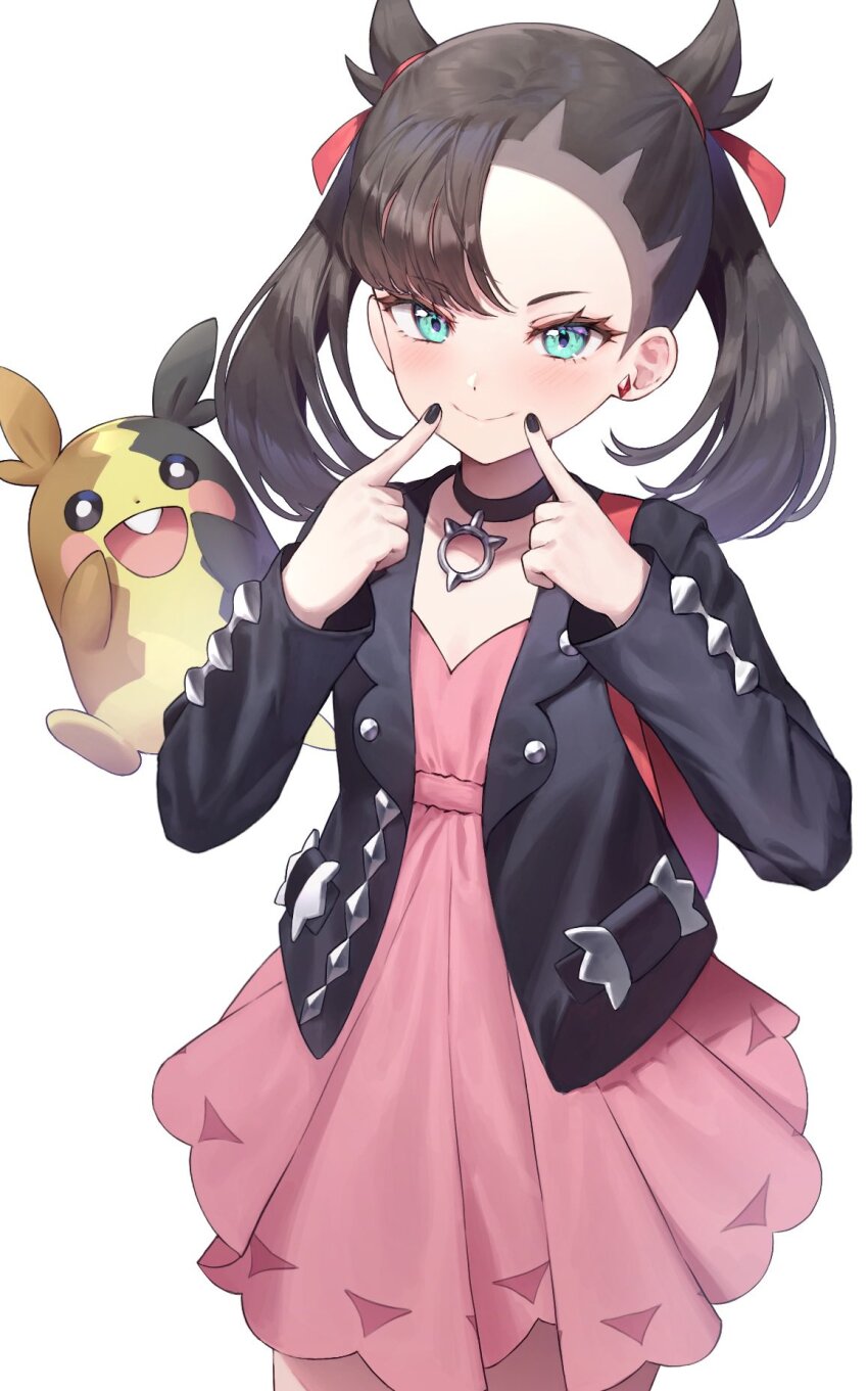 1girl, aqua_eyes, asymmetrical_bangs, backpack, bag, black_choker, black_hair, black_jacket, black_nails, choker, commentary, dolldolldd, dress, earrings, flat_chest, gen_8_pokemon, hair_ribbon, hand_on_own_cheek, hand_on_own_face, highres, jacket, jewelry, looking_at_viewer, marnie_(pokemon), medium_hair, morpeko, morpeko_(full), nail_polish, nintendo, open_clothes, open_jacket, pink_dress, pokemon, pokemon_(creature), pokemon_sword_and_shield, red_bag, red_ribbon, ribbon, simple_background, smile, solo, standing, stud_earrings, twintails, white_background