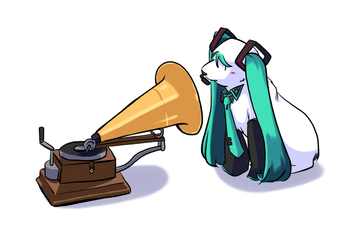 aqua_hair, collar, detached_sleeves, dog, fine_art_parody, hatsune_miku, his_master's_voice, microphone