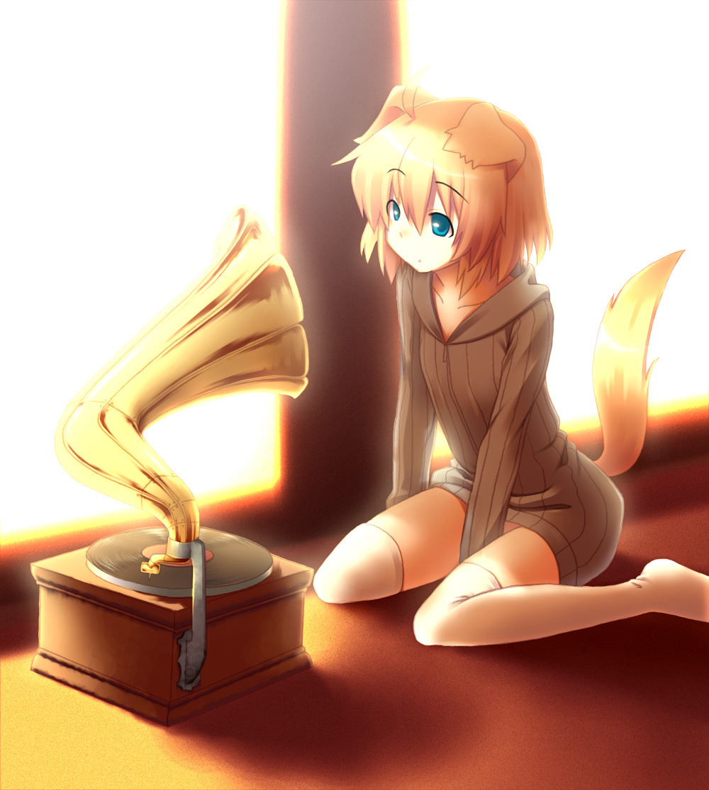 1girl, animal_ears, backlighting, blonde_hair, blue_eyes, dog_ears, dog_tail, dress, female_focus, fine_art_parody, his_master's_voice, hood, hoodie, kemonomimi_mode, light, majima_yuki, mazima, orange_hair, parody, personification, phonograph, pinafore_dress, ribbed_sweater, sitting, sleeveless, sleeveless_dress, solo, sweater, tail, thighhighs, wariza, white_thighhighs