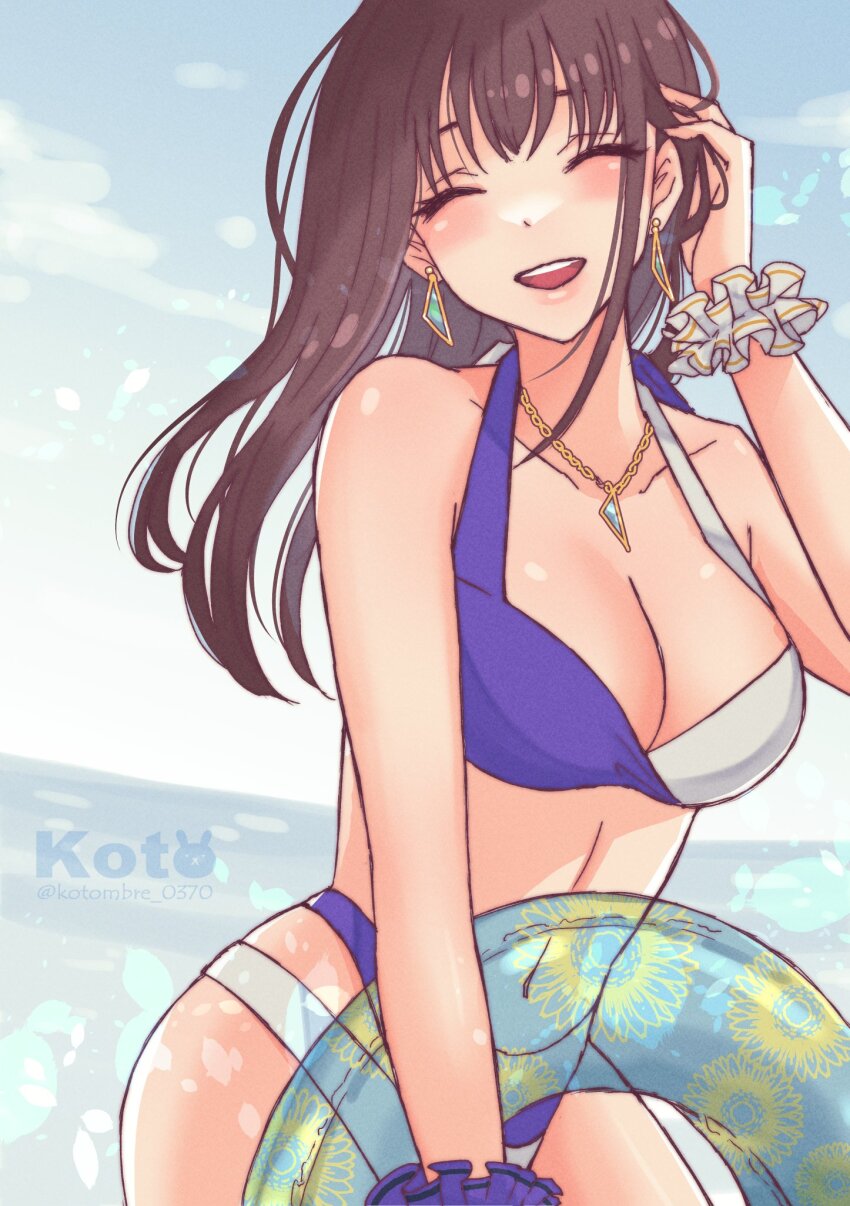 1girl, bikini, black_hair, blue_bikini, breasts, cleavage, closed_eyes, collarbone