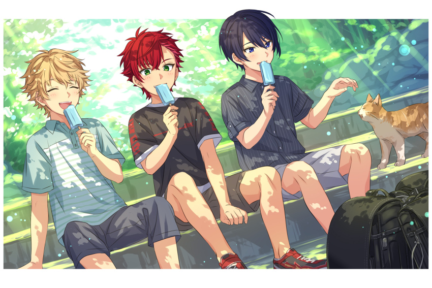 3boys, aged_down, bag, black_hair, blonde_hair, blue_eyes, blush, border, brown_shorts, buttons, cat, child, closed_eyes, collared_shirt, commentary_request, dress_shirt, feet_out_of_frame, food, green_eyes, grey_shorts, hand_up, helios_rising_heroes, highres, holding, holding_food, holding_popsicle, kisaragi_ren_(helios_rising_heroes), male_focus, multiple_boys, open_mouth, otori_akira, outdoors, partial_commentary, popsicle, red_hair, sekina, shirt, short_hair, short_sleeves, shorts, sitting, stairs, teeth, upper_teeth_only, white_border, will_sprout