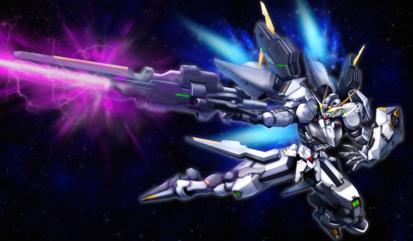 arm_shield, char's_counterattack, energy_gun, firing, flying, fusion, green_eyes, gun