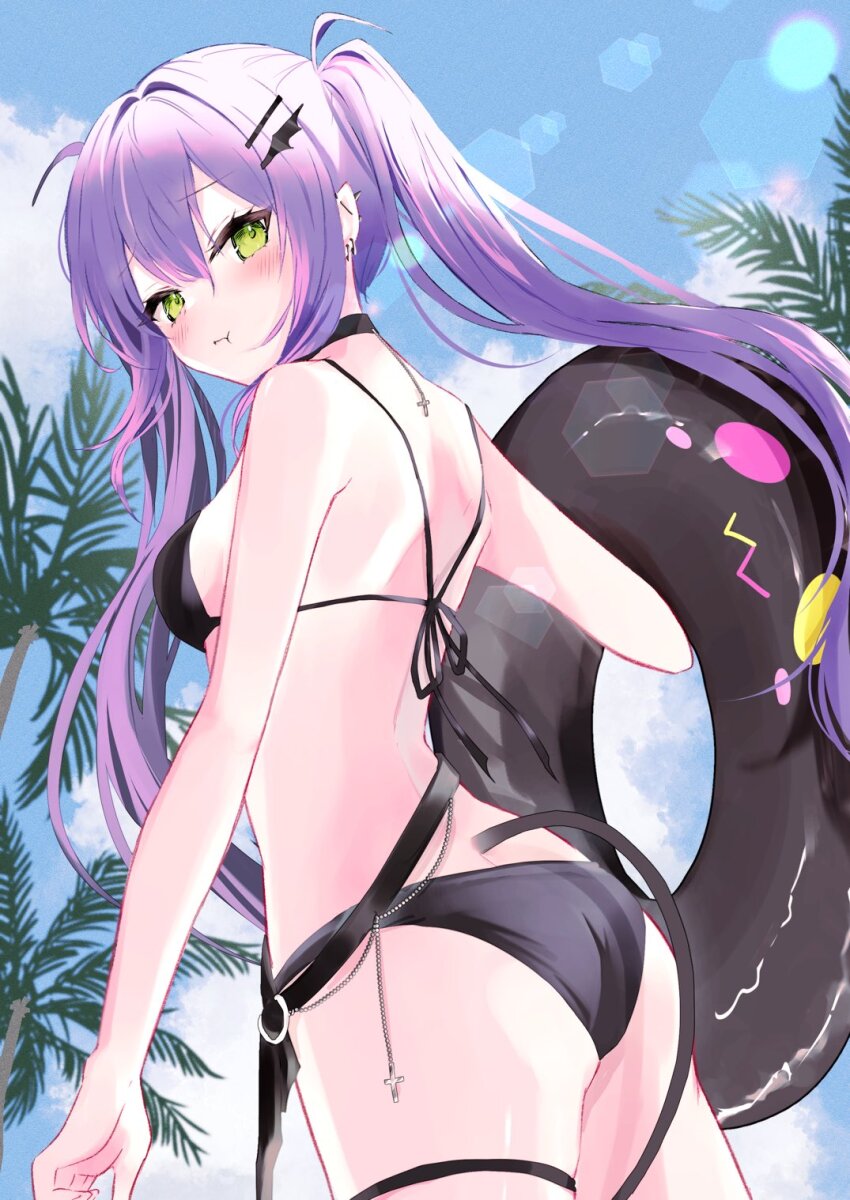 1girl, :t, alternate_costume, ass, back, bibi_(tokoyami_towa), bikini, black_bikini