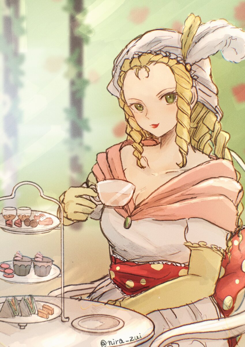 1girl, blonde_hair, breasts, chair, closed_mouth, cup, dress, esmeralda_(suikoden)
