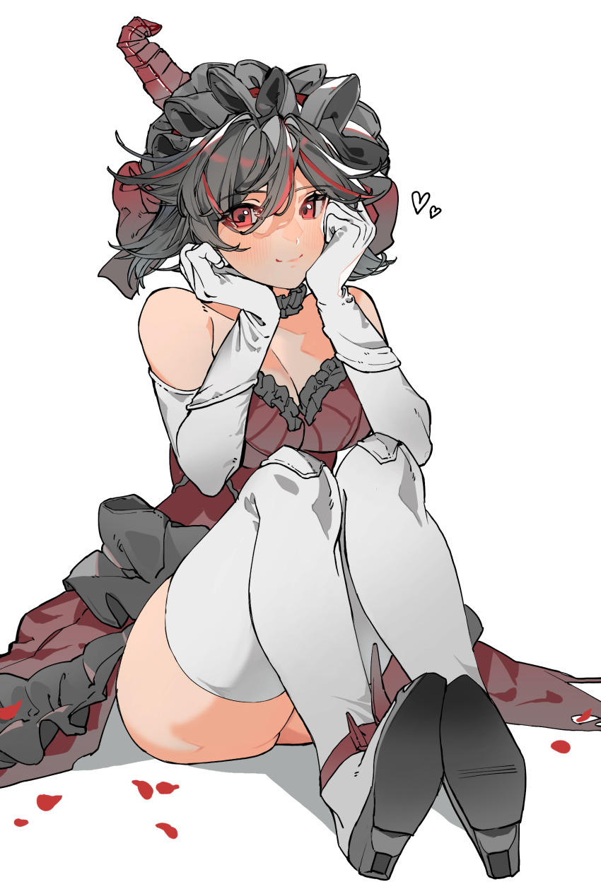 1girl, absurdres, black_hair, breasts, cleavage, demon_horns, dress, elbow_gloves