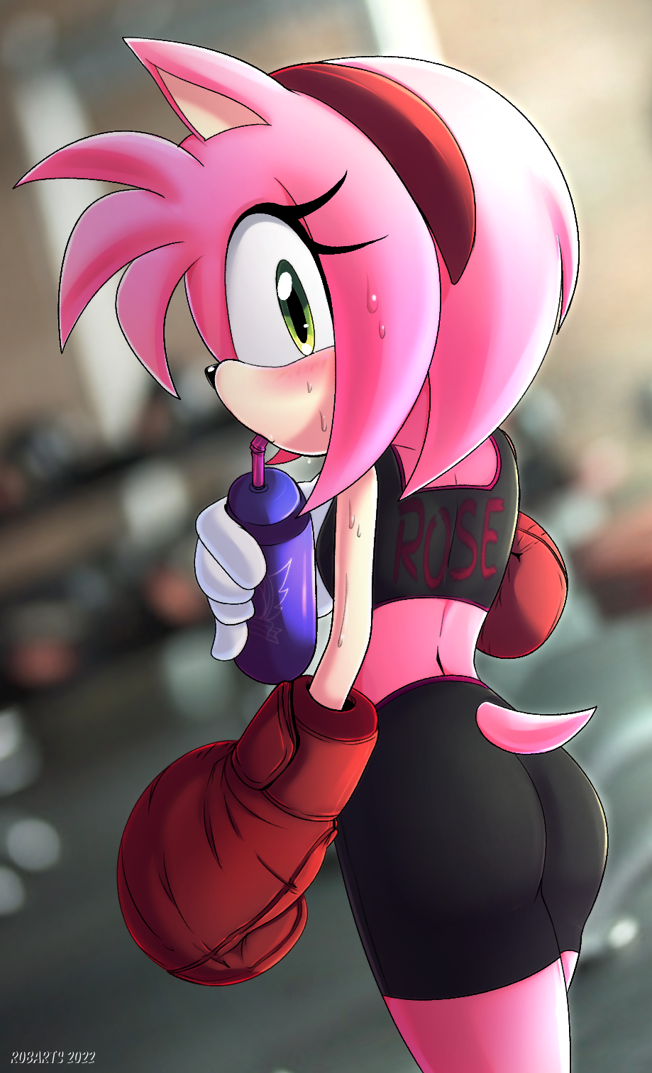 1girl, amy_rose, artist_name, body_fur, boxing_gloves, eyelashes, fitness_gym, furry, furry_female, green_eyes, headband, hedgehog, highres, looking_back, pink_fur, pink_hair, rob_(robarts), short_tail, solo, sonic_(series), sports_bra, sports_drink, sportswear, sweat, tail