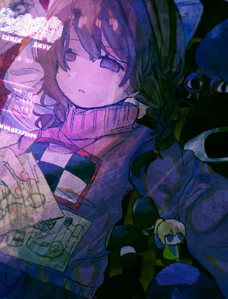 1girl, blank_stare, braid, brown_hair, character_doll, commentary_request, copyright_name, doll