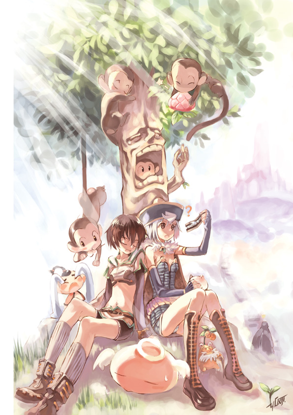 1boy, 2girls, ?, alchemist_(ragnarok_online), angeling, baphomet_jr, boots, breasts, brown_cape, brown_footwear, brown_gloves, brown_hair, brown_shirt, brown_skirt, cape, closed_eyes, commentary_request, crop_top, cross-laced_footwear, crying, dress, dumpling_child, elbow_gloves, enchanted_peach_tree, fingerless_gloves, food, fruit, full_body, fur_collar, gloves, grass, grey_dress, grey_gloves, grey_headwear, hair_between_eyes, halo, hat, hunter_(ragnarok_online), midriff, miniskirt, monkey, multiple_girls, navel, okishiji_en, open_mouth, panties, peach, qingdai_guanmao, ragnarok_online, rock, shirt, short_dress, short_hair, short_shorts, shorts, shorts_under_skirt, signature, sitting, skirt, small_breasts, strapless, strapless_dress, streaming_tears, tears, tree, underwear, white_hair, white_panties, yoyo_(ragnarok_online)