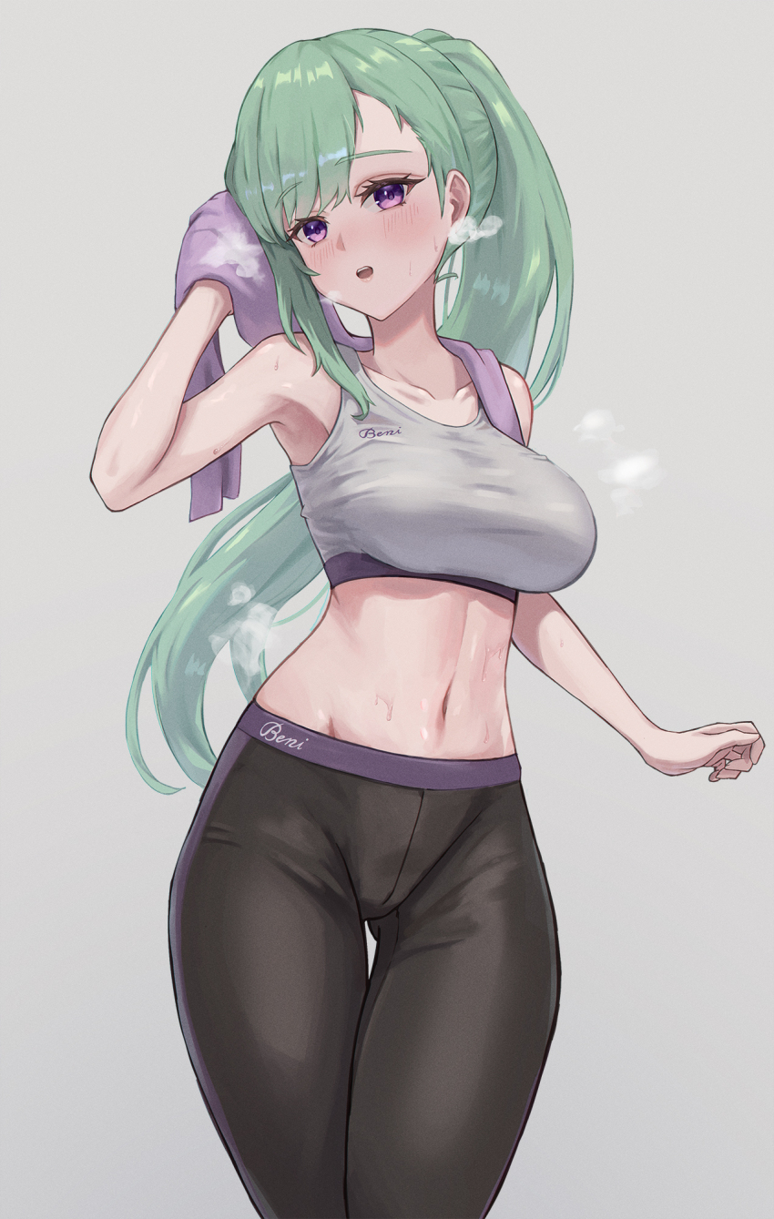 1girl, armpits, bare_shoulders, black_pants, blush, breasts, character_name, clothes_writing, crop_top, crotch_seam, green_hair, grey_background, grey_tank_top, highres, large_breasts, long_hair, looking_at_viewer, mawarru, midriff, navel, nose_blush, open_mouth, pants, ponytail, purple_eyes, shirt, solo, stomach, sweat, swept_bangs, tank_top, taut_clothes, taut_shirt, thigh_gap, very_long_hair, virtual_youtuber, vspo!, wiping_sweat, yakumo_beni, yoga_pants