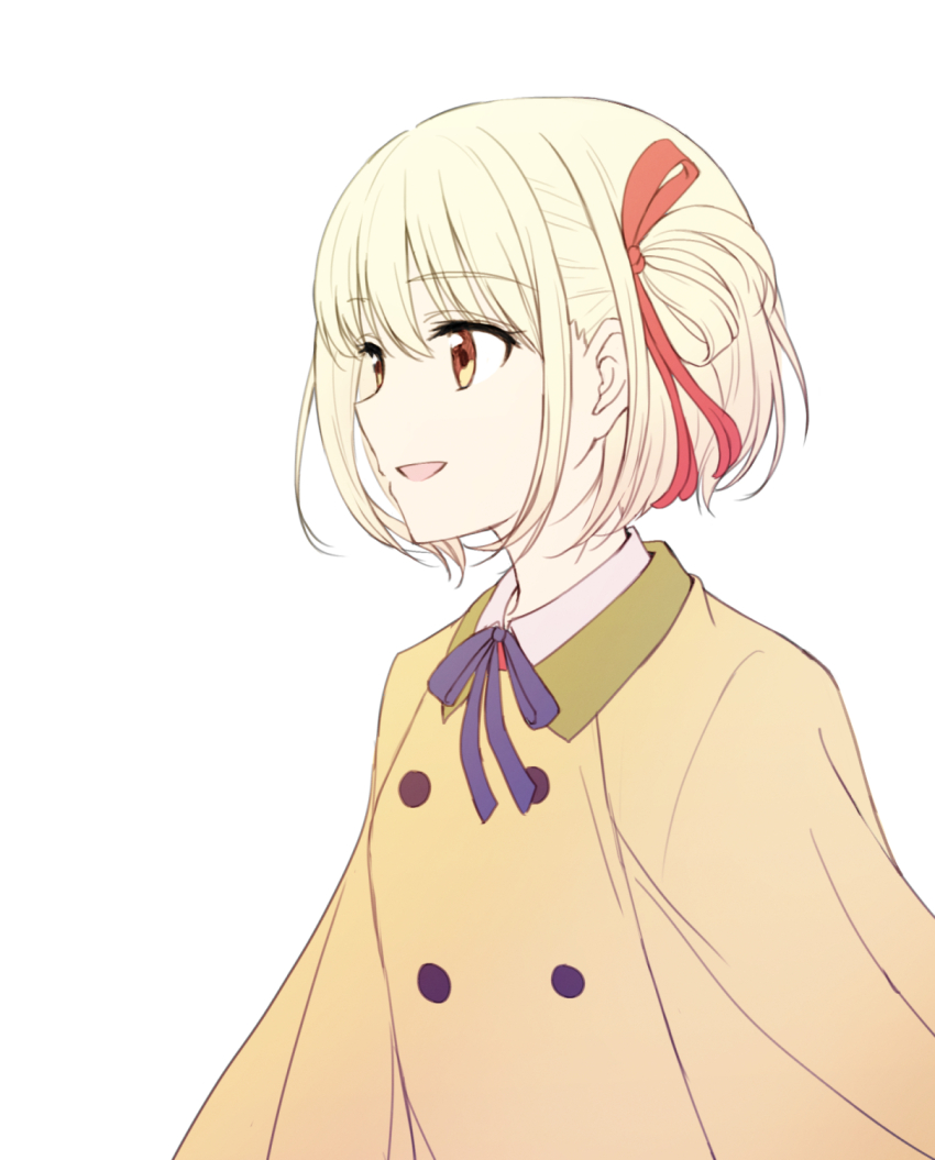 1girl, blonde_hair, blue_ribbon, bob_cut, collared_shirt, commentary_request, dress, from_side