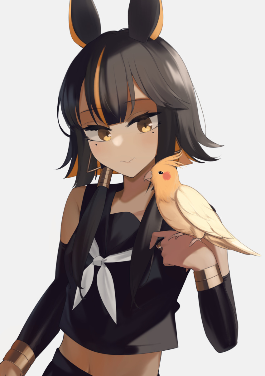 1girl, absurdres, animal_ears, bird, black_sailor_collar, black_shirt, black_skirt, black_sleeves